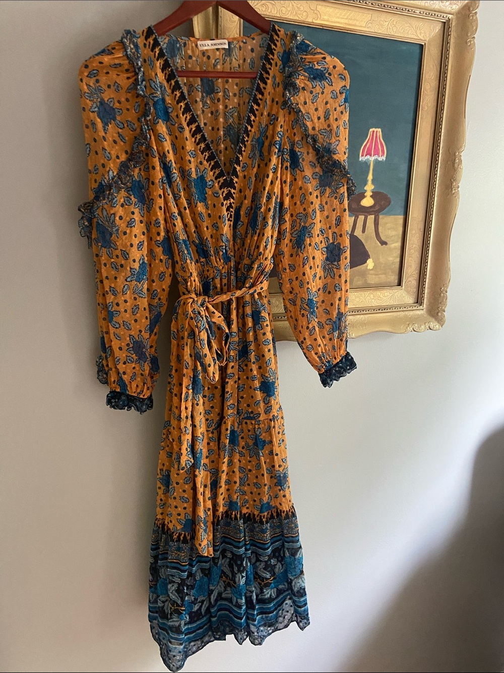 Ulla Johnson Mustard and Blue Floral Midi Dress